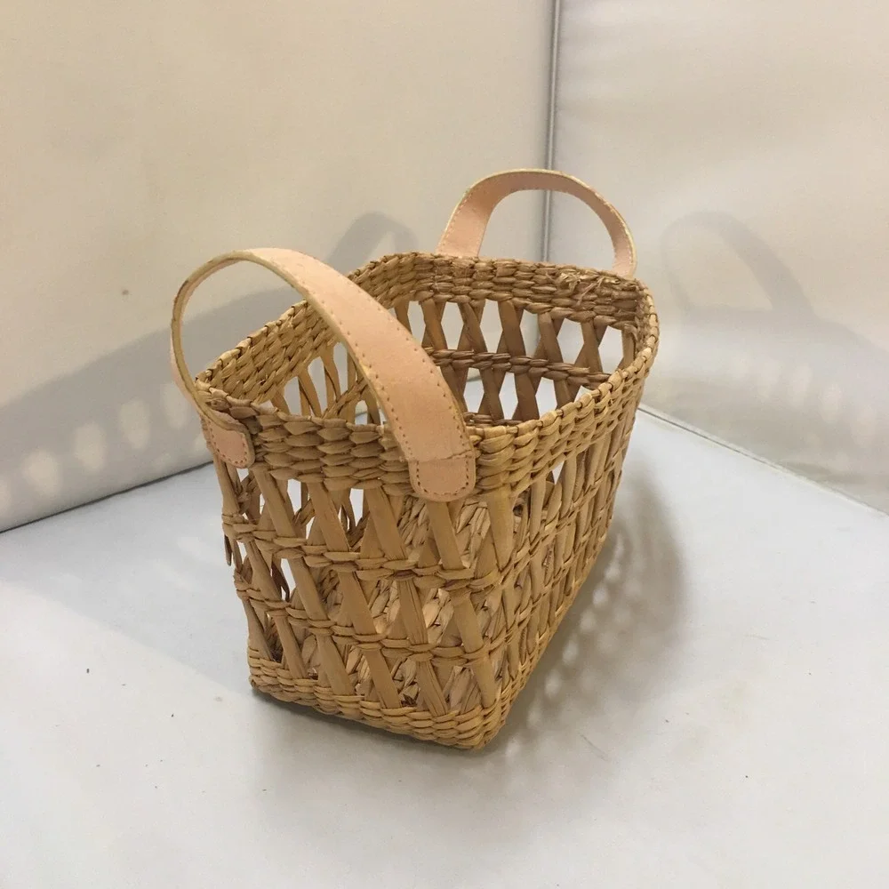 Woven Straw Basket Small Tan Faux Leather Handle Lattice Design Rectangle
